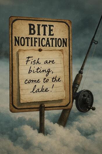 Телефон в перчатке показывает уведомление о поклёвке рядом с лункой