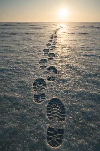 Следы сапог на снежном льду уходят к линии горизонта