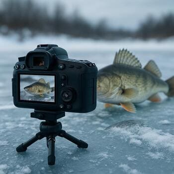 Фотокамера лежит на льду рядом с лункой