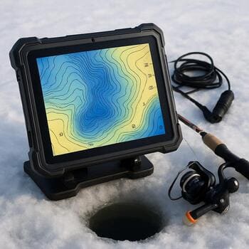 План глубин на экране планшета рядом с лункой на льду