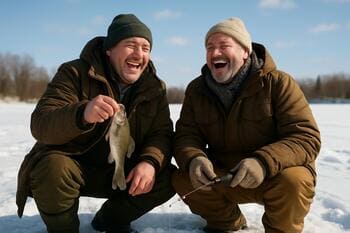 Группа друзей смеётся на зимнем льду рядом с лунками