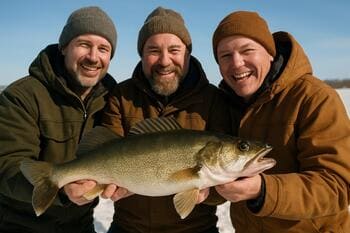 Группа рыбаков позирует с уловом на зимнем льду