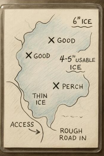 Рука рисует схему лунок и глубин в блокноте на льду