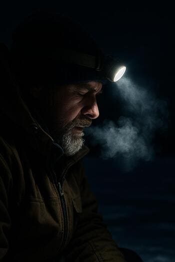 Луч налобного фонаря освещает ночной лёд