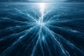 Трещины на прозрачном льду подсвечены низким солнцем