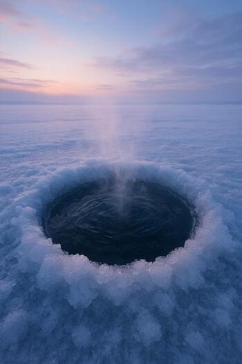 Лунка на голубом льду в розовом рассветном свете