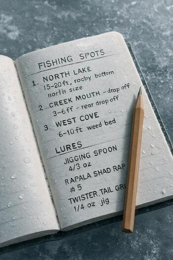 Блокнот с заметками о подлёдной рыбалке на фоне голубого льда