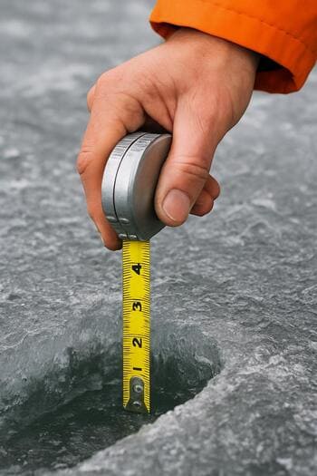 Замер толщины прозрачного льда у лунки линейкой