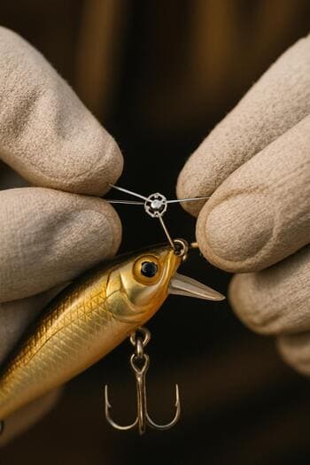 Руки в перчатках завязывают узел на леске для подлёдной рыбалки