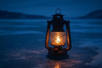 Фонарь светит на синем предзакатном льду