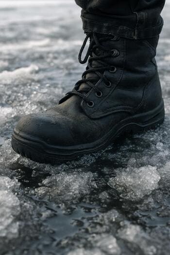 Следы на подтаявшем льду с лужами талой воды