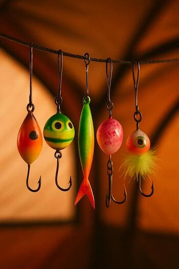 Небольшие приманки висят в палатке на зимней рыбалке