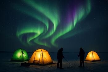 Ночевка рыбаков на льду под ярким северным сиянием