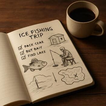 Блокнот с заметками о будущих рыбалках лежит на льду