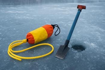 Верёвка и спасательные шнуры лежат на заснеженном льду