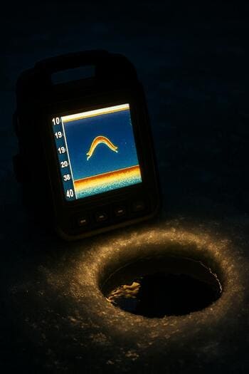 Эхолот светится в лунке среди чистого голубого льда