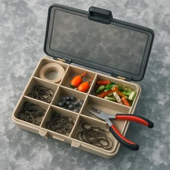 Открытый короб с мормышками и блёснами на льду