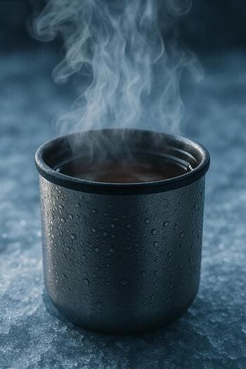 Термос с паром рядом с лункой на выцветшем льду