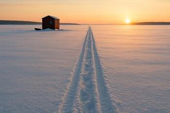 Следы от санок ведут по снегу к берегу