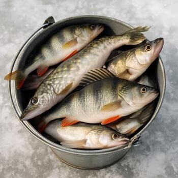 Ведро с разными пойманными рыбами на фоне снежного льда