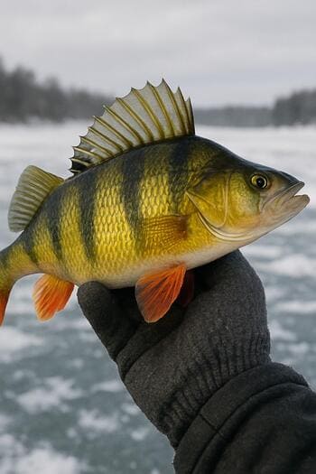 Рука рыбака держит полосатого окуня над чистым льдом