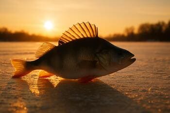 Полосатый окунь лежит на солнце на светлом льду