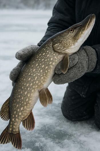 Рыбак в перчатках держит щуку над лункой