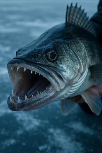 Трофейный судак на льду, крупный план головы и плавников