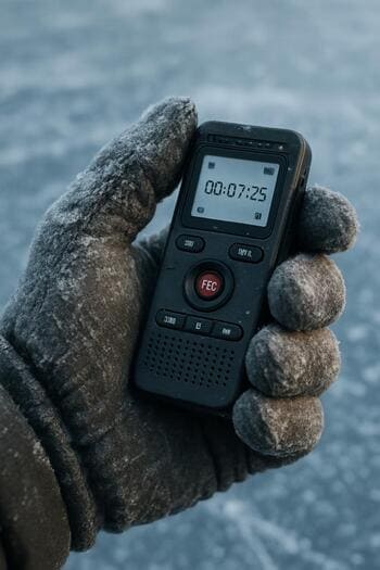 Диктофон в руке в перчатке на фоне зимнего льда