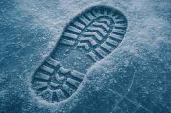 Следы от ботинок и саней на голубом льду крупным планом