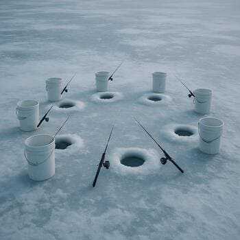 Несколько палаток образуют кольцо света на широком замёрзшем озере