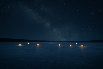 Палатка и лунки вокруг неё образуют созвездие на льду