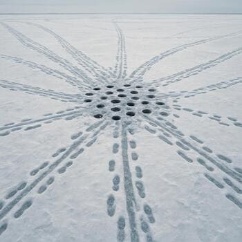 Участок льда с множеством старых лунок и пересекающихся следов