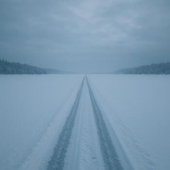 Далёкая линия дороги видна на горизонте за замёрзшим полем
