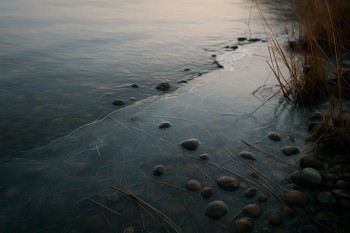 Тонкий прозрачный лёд у берега с просвечивающими камнями