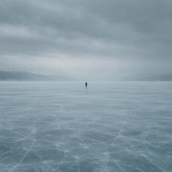 Одинокая фигура рыболова стоит на большом открытом льду вдали от берега