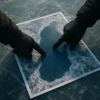 Две руки лежат на схематичной карте льда с нарисованными тропами и лунками