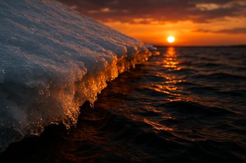 Кромка последнего льда на закате, вода у берега потемнела