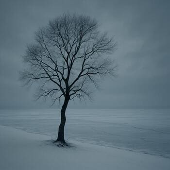 Одинокое дерево стоит на берегу замёрзшего озера