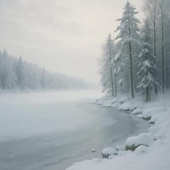 Спокойная заснеженная бухта с мягким светом раннего утра