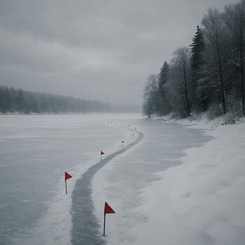 Чёткая тропа от лагеря к берегу отмечена следами на снегу