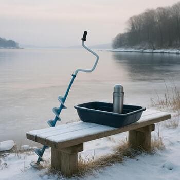 Небольшая лавка у берега, на ней лежат рюкзак и термос перед выходом на лёд