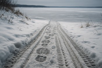 Следы от саней и ботинок ведут от берега к первым лункам