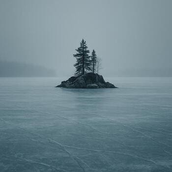 Небольшой остров посреди замёрзшего озера в лёгком тумане