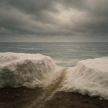 Заснеженный берег с тропой к льду и тёмными пятнами талой воды