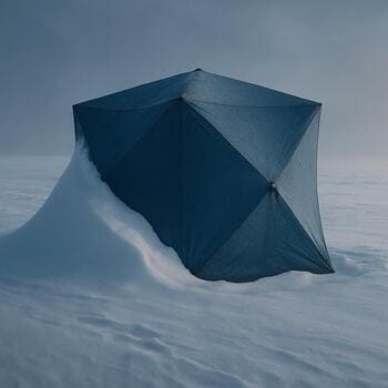 Палатка на льду укрыта с одной стороны высоким сугробом от ветра