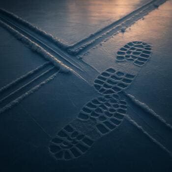 Перекрёсток из следов от саней и ботинок на покрытом снегом льду