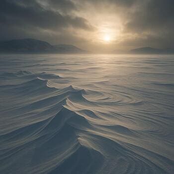 Широкий открытый ледяной плёс, по снегу тянутся полосы от ветра