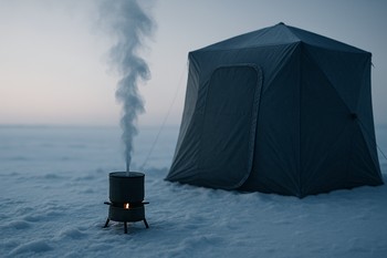 Утренняя палатка на льду с голубым дымком от печки