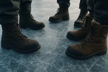 Круг из ботинок на льду, рыбаки обсуждают выезд